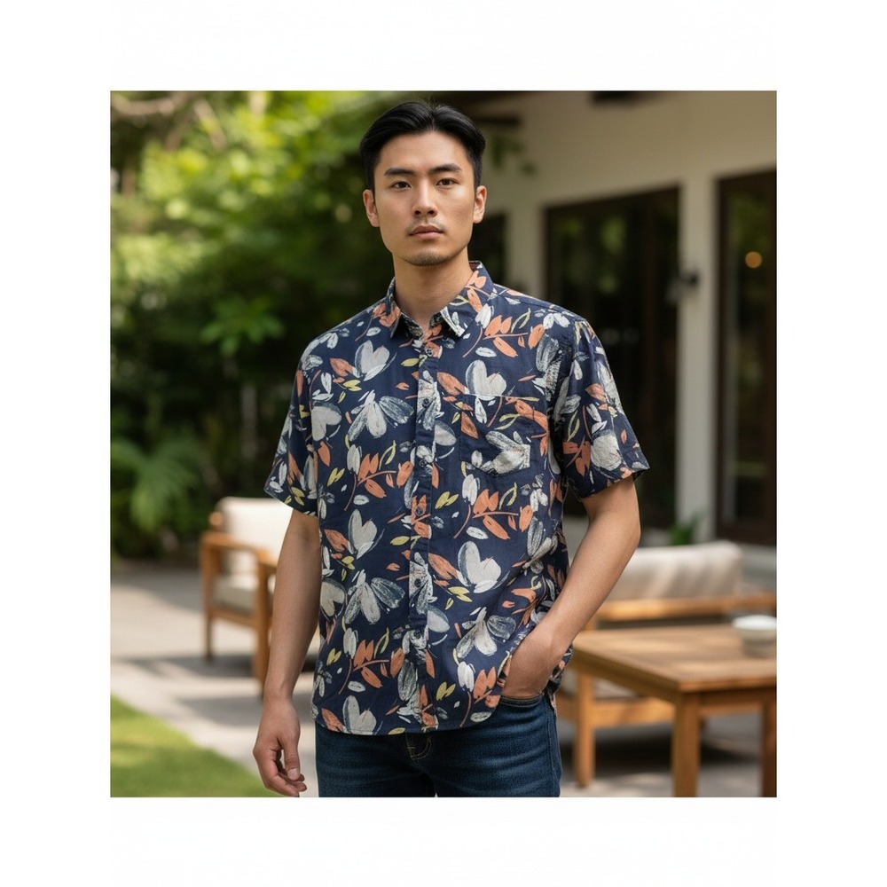 Ben Sherman Button Down Shirt Large Navy Blue Floral Stretch Fit Short Sleeve